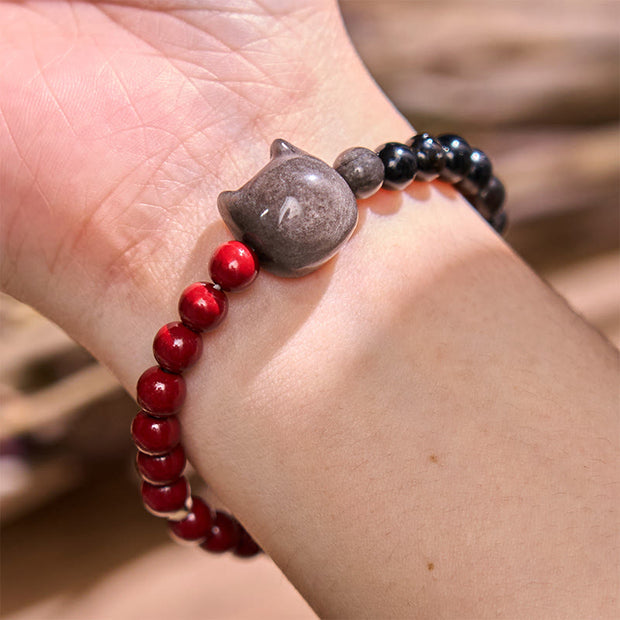 Buddha Stones Black Obsidian Cinnabar Silver Sheen Obsidian Cat Fulfilment Bracelet