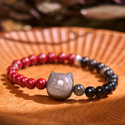 Buddha Stones Black Obsidian Cinnabar Silver Sheen Obsidian Cat Fulfilment Bracelet