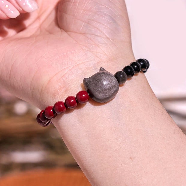 Buddha Stones Black Obsidian Cinnabar Silver Sheen Obsidian Cat Fulfilment Bracelet