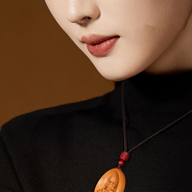 Buddha Stones Peach Wood Cinnabar Om Mani Padme Hum Chinese Zodiac Black String Necklace Pendants