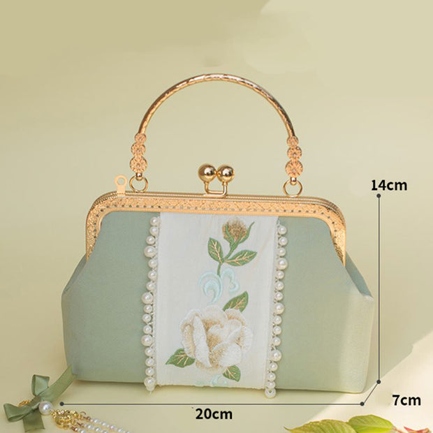 Buddha Stones Double-sided Flowers Embroidery Pearl Pendant Metal Chain Crossbody Bag Handbags Crossbody Bag&Handbags BS 13