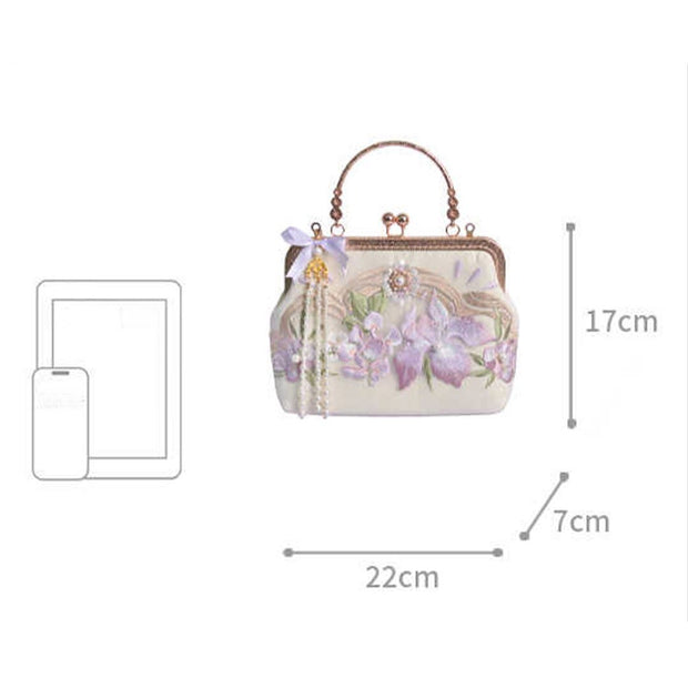 Buddha Stones Flowers Embroidered Tassel Pendant Pearl Metal Chain Crossbody Bag Handbags Crossbody Bag&Handbags BS 8