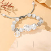 Buddha Stones Pi Xiu Six True Words 999 Sterling Silver Black Obsidian White Turquoise Chrysoberyl Luck Bracelet Bracelet BS 999 Sterling Silver Chrysoberyl Moonstone(Wrist Circumference: 16-21cm)