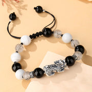 Buddha Stones Pi Xiu Six True Words 999 Sterling Silver Black Obsidian White Turquoise Chrysoberyl Luck Bracelet