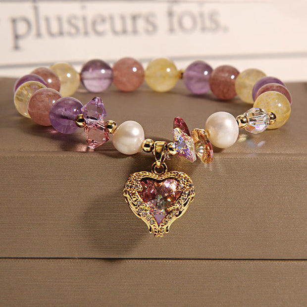 Buddha Stones Red Tiger Eye Citrine Amethyst Heart Calm Bracelet Bracelet BS Citrine Amethyst Pearl(Wrist Circumference: 14-16cm)