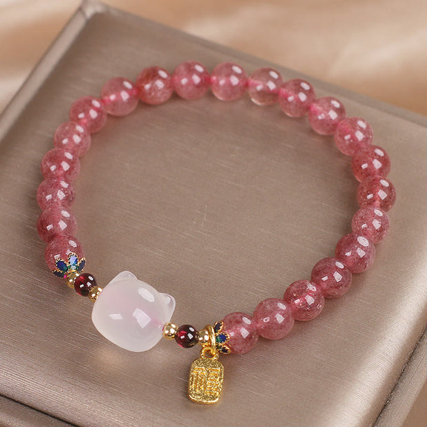 FREE Today: Love and Healing Strawberry Quartz White Jade Cat Fu Character Bracelet Bracelet FREE 11