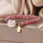 FREE Today: Love and Healing Strawberry Quartz White Jade Cat Fu Character Bracelet