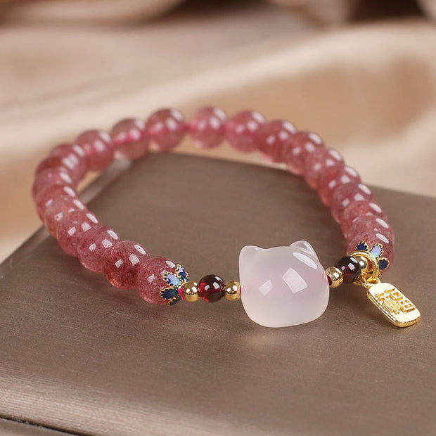 FREE Today: Love and Healing Strawberry Quartz White Jade Cat Fu Character Bracelet