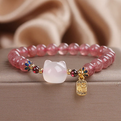 Buddha Stones Strawberry Quartz White Jade Cat Fu Character Healing Bracelet