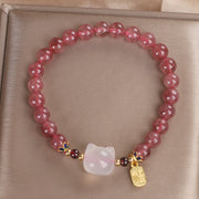 Buddha Stones Strawberry Quartz White Jade Cat Fu Character Healing Bracelet Bracelet BS 10