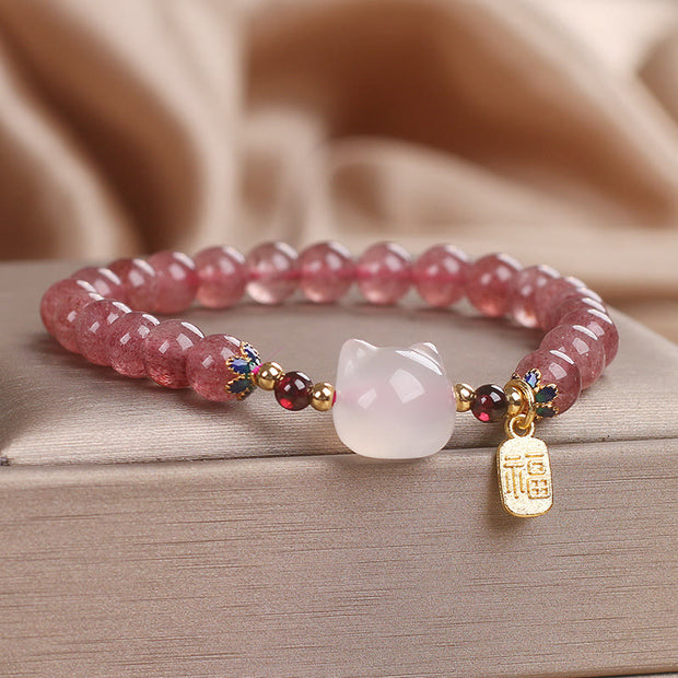 FREE Today: Love and Healing Strawberry Quartz White Jade Cat Fu Character Bracelet