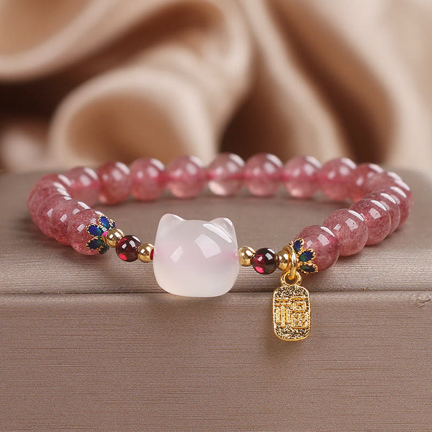 Buddha Stones Strawberry Quartz White Jade Cat Fu Character Healing Bracelet Bracelet BS Strawberry Quartz White Jade(Wrist Circumference: 14-16cm)