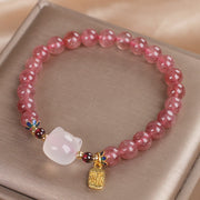 Buddha Stones Strawberry Quartz White Jade Cat Fu Character Healing Bracelet Bracelet BS 11