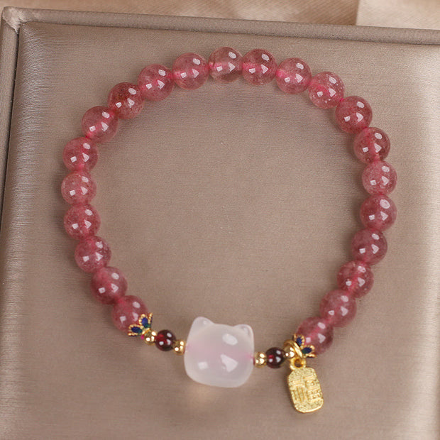 FREE Today: Love and Healing Strawberry Quartz White Jade Cat Fu Character Bracelet Bracelet FREE 10