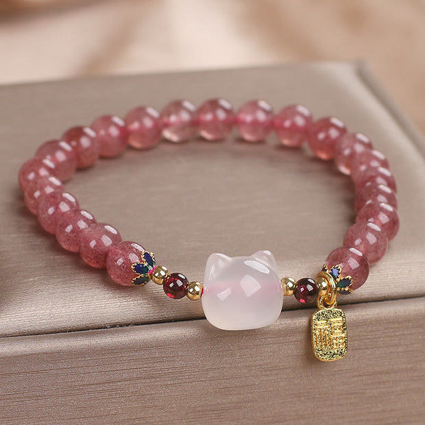 FREE Today: Love and Healing Strawberry Quartz White Jade Cat Fu Character Bracelet