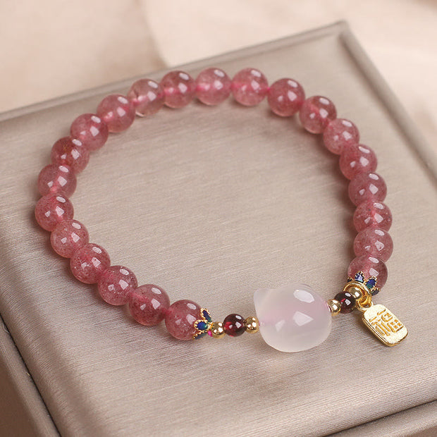 FREE Today: Love and Healing Strawberry Quartz White Jade Cat Fu Character Bracelet