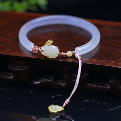 Buddha Stones Natural White Agate Hetian Jade Rabbit Positive Bracelet Bangle Bracelet Bangle BS White Agate(Wrist Circumference: 14-17cm)