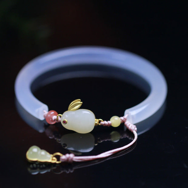 Buddha Stones Natural White Agate Hetian Jade Rabbit Positive Bracelet Bangle Bracelet Bangle BS 2