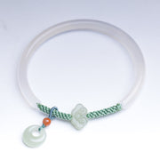 Buddha Stones Natural White Agate Hetian Jade Peace Buckle Auspicious Clouds Positive Bracelet Bangle