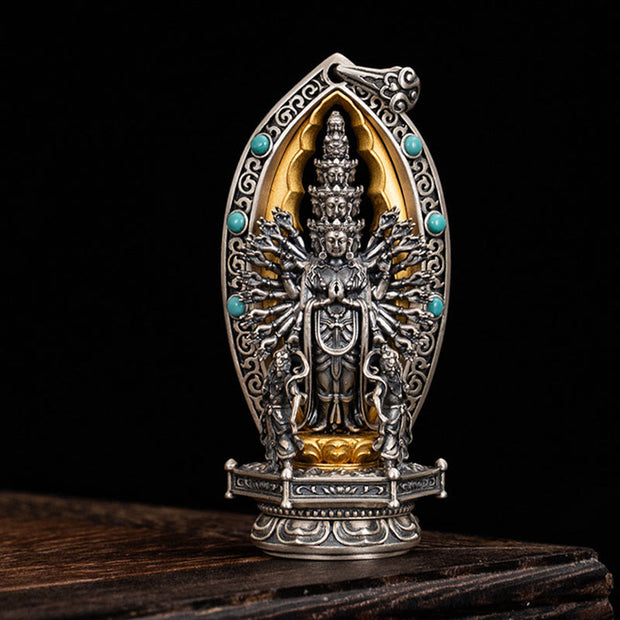 Buddha Stones 925 Sterling Silver Thousand-armed Guanyin Kwan Yin Avalokiteśvara Wealth Necklace Pendant