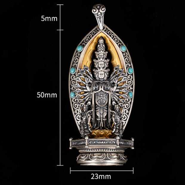 Buddha Stones 925 Sterling Silver Thousand-armed Guanyin Kwan Yin Avalokiteśvara Wealth Necklace Pendant Necklaces & Pendants BS 9