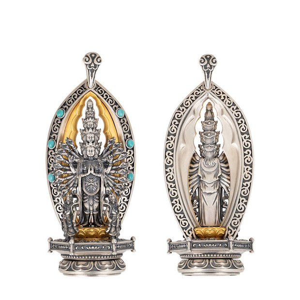 Buddha Stones 925 Sterling Silver Thousand-armed Guanyin Kwan Yin Avalokiteśvara Wealth Necklace Pendant Necklaces & Pendants BS 11