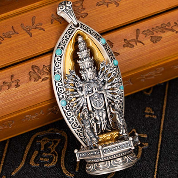 Buddha Stones 925 Sterling Silver Thousand-armed Guanyin Kwan Yin Avalokiteśvara Wealth Necklace Pendant Necklaces & Pendants BS 2