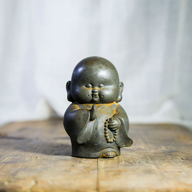 Buddha Stones Handmade Little Monk Iron Powder Rust Cast Resin Statue Home Decoration Decorations BS Rust Version 12.7*8.3cm