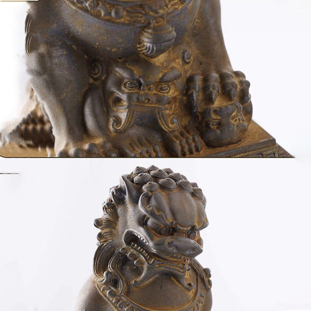 Buddha Stones Handmade Lion Fu Foo Dogs Iron Powder Rust Cast Resin Statue Ward Off Evil Protection Home Decoration Decorations BS 45