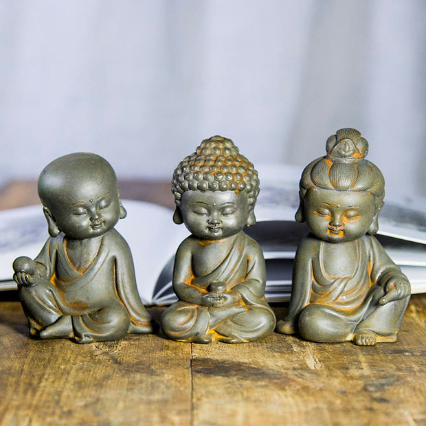 Buddha Stones Handmade Ksitigarbha Kwan Yin Guanyin Avalokitesvara Tathagata Iron Powder Rust Cast Resin Statue Home Decoration Decorations BS Rust Version 3Pcs Buddha Set