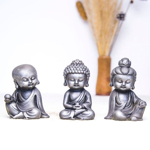 Buddha Stones Handmade Ksitigarbha Kwan Yin Guanyin Avalokitesvara Tathagata Iron Powder Rust Cast Resin Statue Home Decoration Decorations BS Polished Version 3Pcs Buddha Set