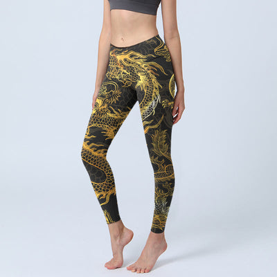 Buddha Stones Golden Dragon Print Gym Leggings Women's Yoga Pants