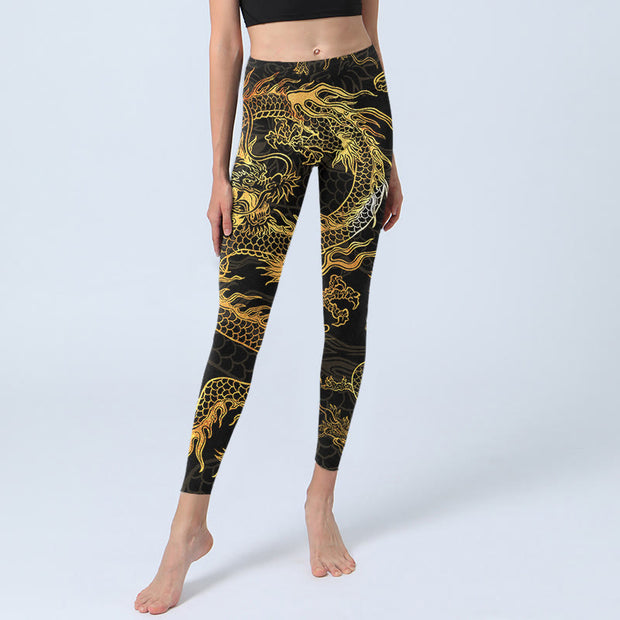 Buddha Stones Golden Dragon Print Gym Leggings Women's Yoga Pants Leggings BS 5