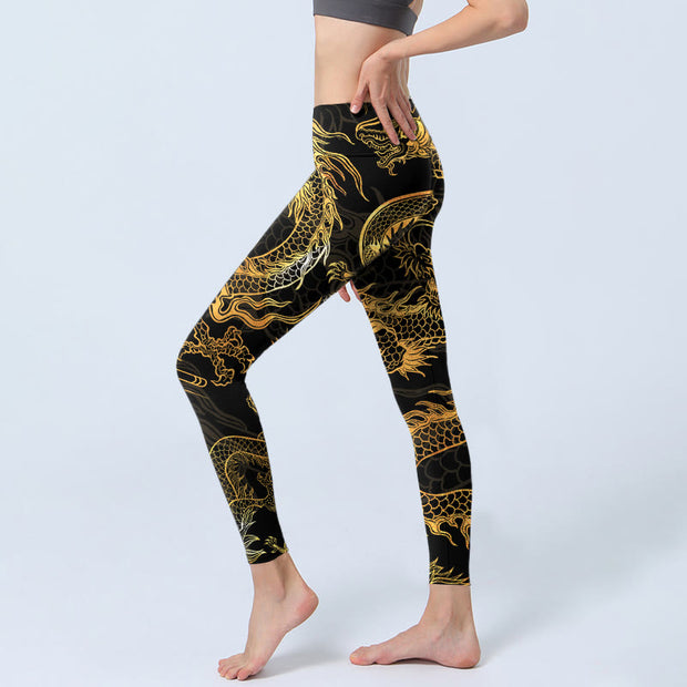 Buddha Stones Golden Dragon Print Gym Leggings Women's Yoga Pants Leggings BS 2