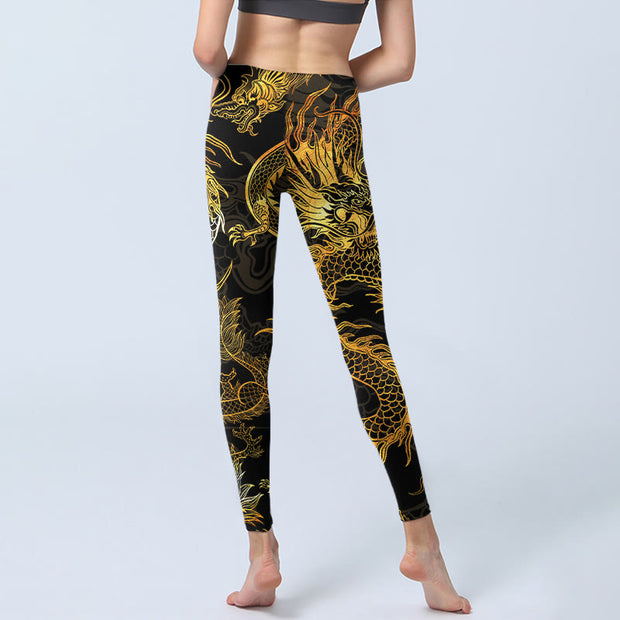 Buddha Stones Golden Dragon Print Gym Leggings Women's Yoga Pants Leggings BS 6