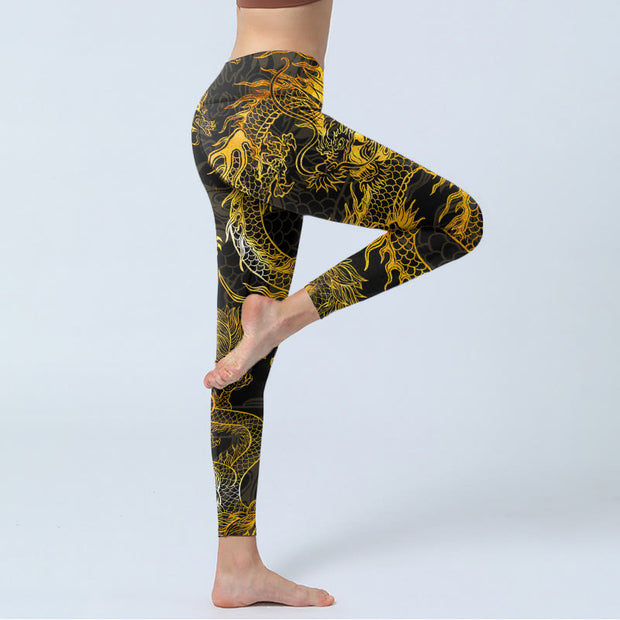 Buddha Stones Golden Dragon Print Gym Leggings Women's Yoga Pants Leggings BS 3