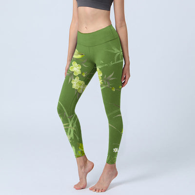 Buddha Stones Magpie Flowers Branches Print Gym Leggings Women's Yoga Pants - LimeGreen - US18，UK/AU22，EU50 (4XL) - image 1