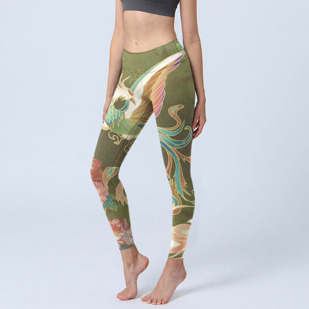 Buddha Stones Vibrant Phoenix Flowers Print Gym Leggings Women's Yoga Pants - OliveDrab - US18，UK/AU22，EU50 (4XL) - image 1