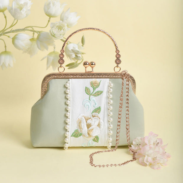 Buddha Stones Double-sided Flowers Embroidery Pearl Pendant Metal Chain Crossbody Bag Handbags Crossbody Bag&Handbags BS PaleGreen Flowers Embroidery Metal Chain 20*14*7cm