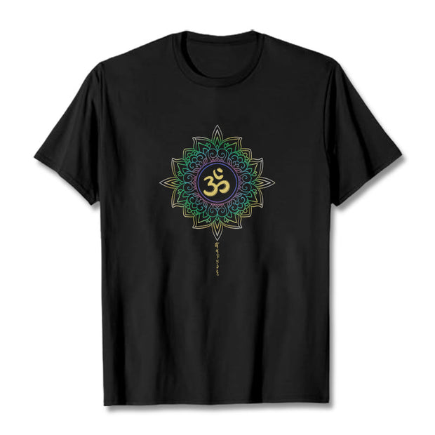 Buddha Stones OM Yellow Green Gradient Lotus Cotton Tee T-shirt