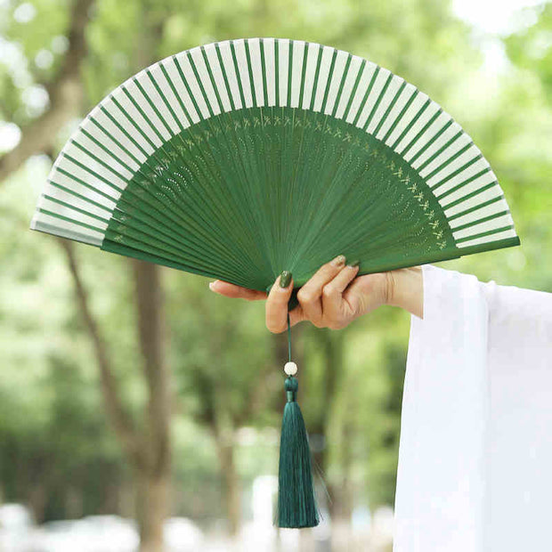 Buddha Stones Solid Color Dragonfly Tassel Handheld Mulberry Silk Bamboo Folding Fan Folding Fan BS 9