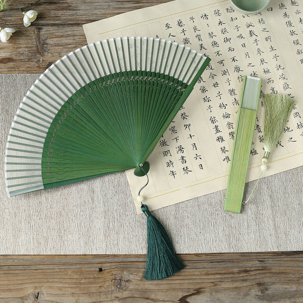 Buddha Stones Solid Color Dragonfly Tassel Handheld Mulberry Silk Bamboo Folding Fan Folding Fan BS 8