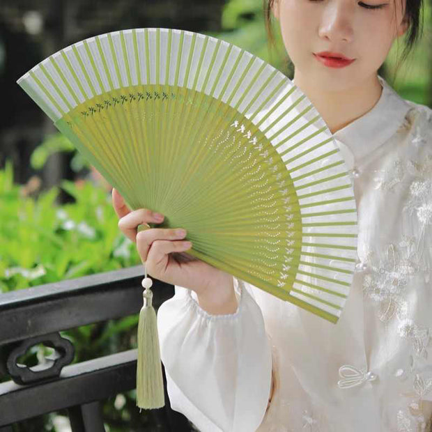 Buddha Stones Solid Color Dragonfly Tassel Handheld Mulberry Silk Bamboo Folding Fan Folding Fan BS 3