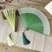 Buddha Stones Solid Color Dragonfly Tassel Handheld Mulberry Silk Bamboo Folding Fan Folding Fan BS 14