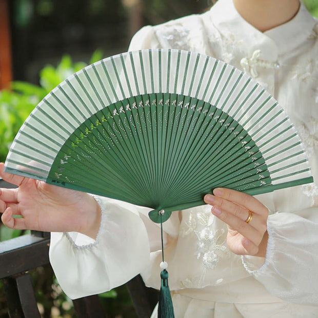 Buddha Stones Solid Color Dragonfly Tassel Handheld Mulberry Silk Bamboo Folding Fan Folding Fan BS 10