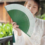 Buddha Stones Solid Color Dragonfly Tassel Handheld Mulberry Silk Bamboo Folding Fan Folding Fan BS 11