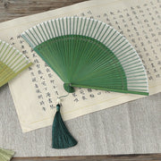 Buddha Stones Solid Color Dragonfly Tassel Handheld Mulberry Silk Bamboo Folding Fan Folding Fan BS ForestGreen Dragonfly 23cm