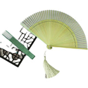 Buddha Stones Solid Color Dragonfly Tassel Handheld Mulberry Silk Bamboo Folding Fan Folding Fan BS 5