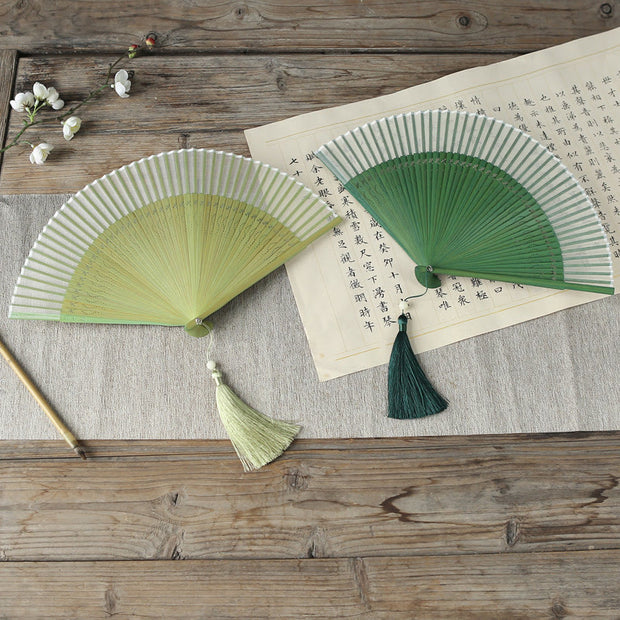 Buddha Stones Solid Color Dragonfly Tassel Handheld Mulberry Silk Bamboo Folding Fan Folding Fan BS 1