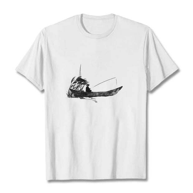 Buddha Stones Boat Fishing Grass Pattern Cotton Tee T-shirt